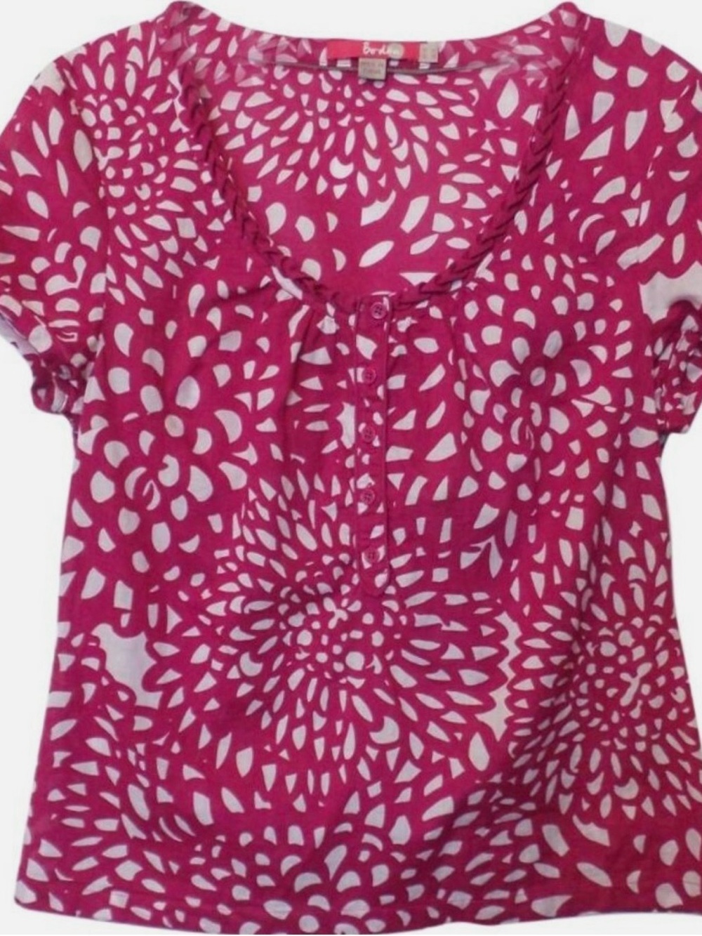 Boden Cotton Print Henley Top Size S Appliqué Pink Short Sleeve A-Line Tunic